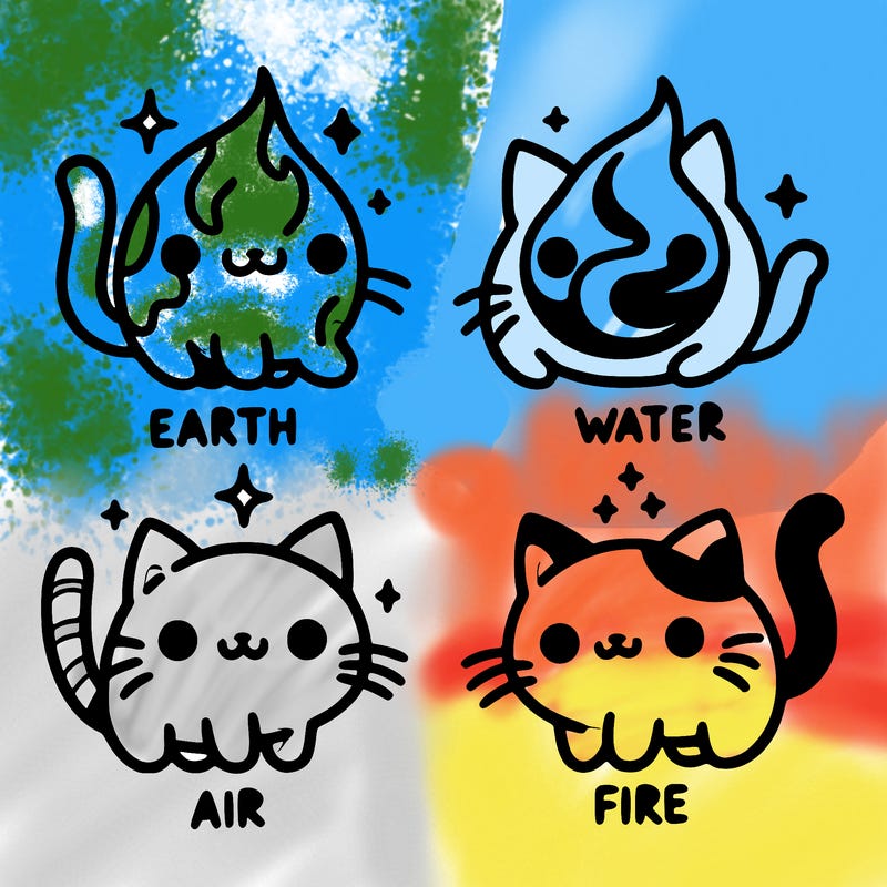 4 cats that represent the different elements, earth, water, air, and fire