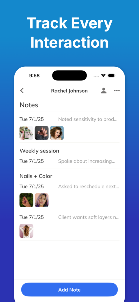 Mobile app interface showing chronological client notes with attached photos of hair and beauty treatments