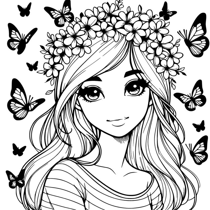 realistic girl with butterflies around her head