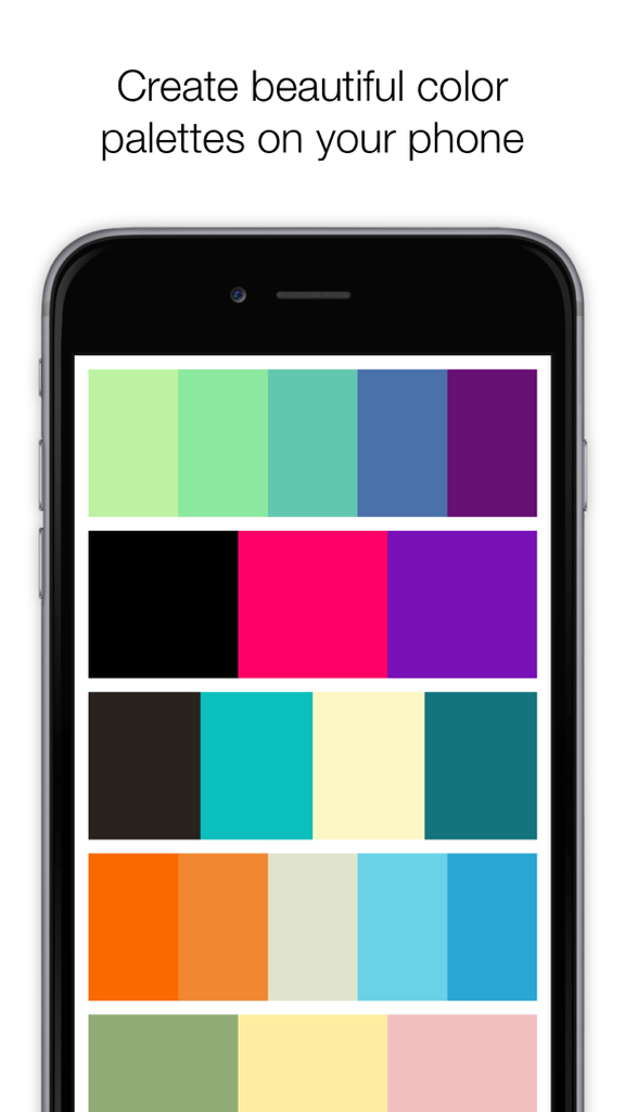 Colordot by Hailpixel - A color picker for humans - Colordot app on an iPhone showing several rows of aesthetic color palettes