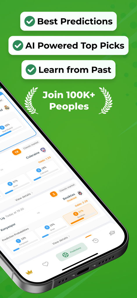 BetGPT - Betting App - BetGPT app interface showing AI powered sports predictions and a community of over 100,000 users on a green background.
