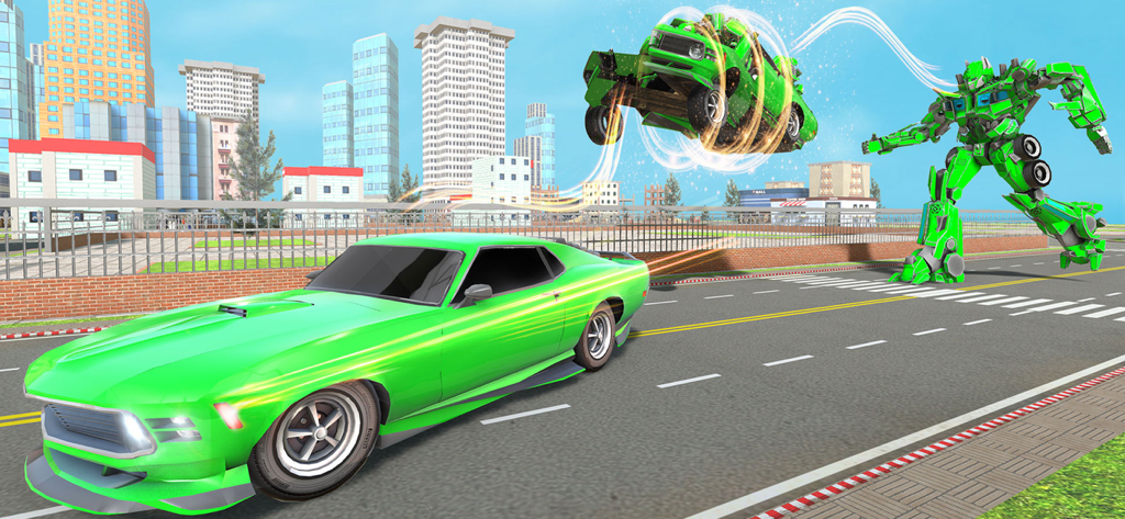 A green muscle car driving on a city street with a giant green robot and a flying car in the background