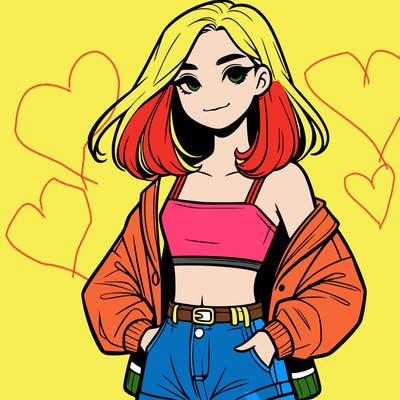a realistic girl with a crop top and short shorts in an open jacket