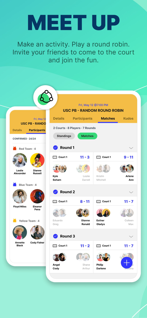 Reclub - Social Sports Nearby - Interfaccia dell'app Reclub che mostra partite sportive e risultati del girone all'italiana