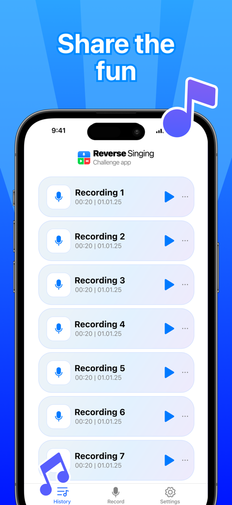 Recording history screen of the Reverse Singing Challenge app displaying a list of saved audio clips.