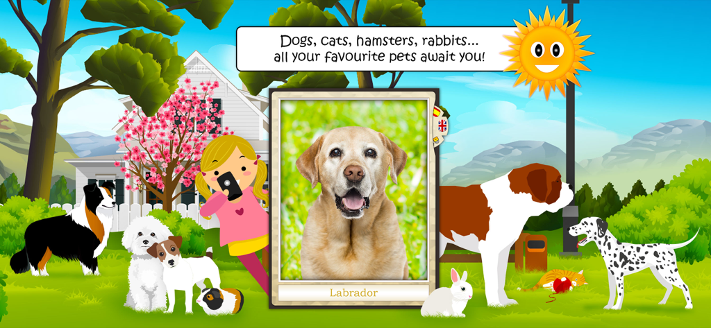 Interfaccia di gioco educativo sugli animali domestici con cani a cartoni animati e una scheda fotografica di Labrador