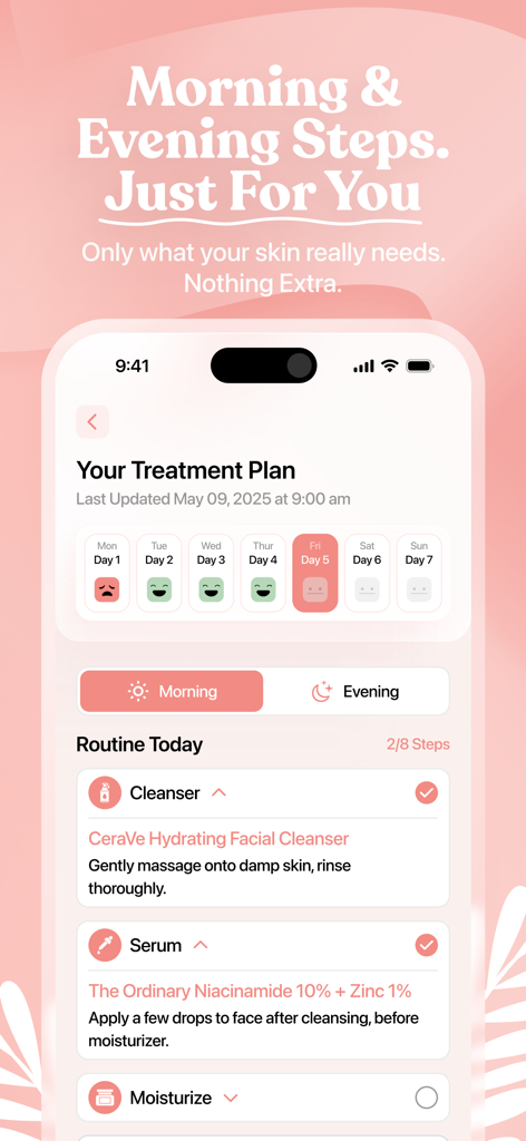 Aura - Clear Up Your Skin - Personalized skincare treatment plan in the Aura app showing morning routine steps and daily progress tracking.