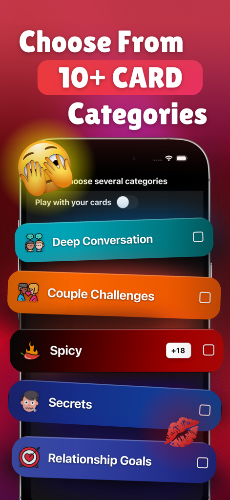 Amor - App for Couples - Interface of the Amor app showing various card categories for couples like Deep Conversation and Couple Challenges