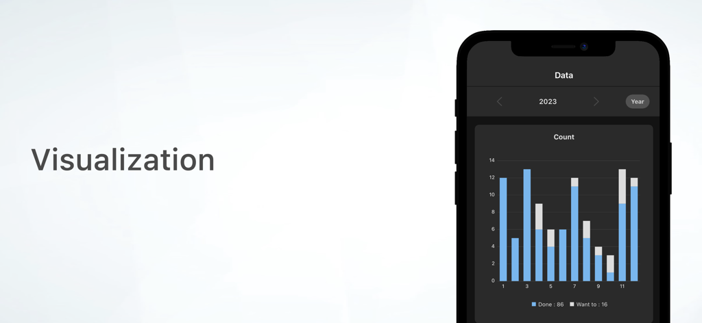 Record: Books and Movies - 記録された書籍や映画の月次棒グラフを表示するモバイルアプリ画面