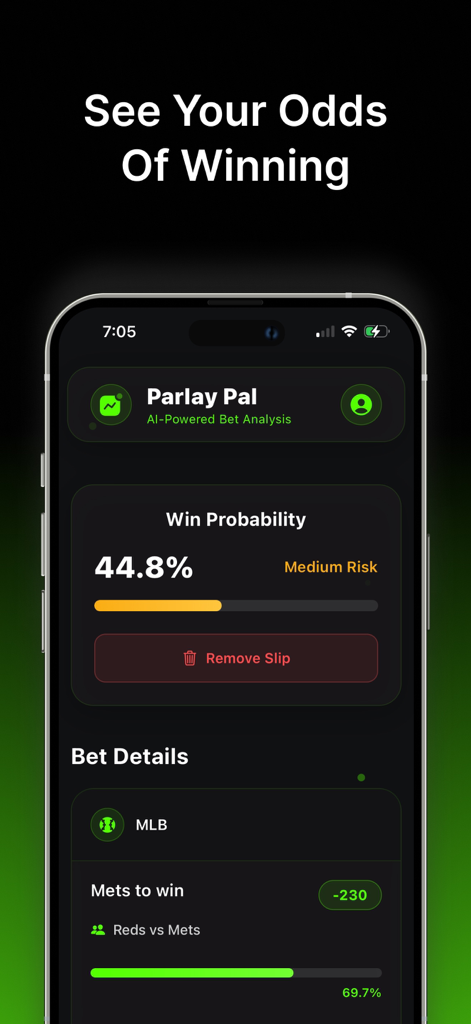 Parlay Pal - Parlay Pal app interface displaying AI-powered win probability and sports betting analysis