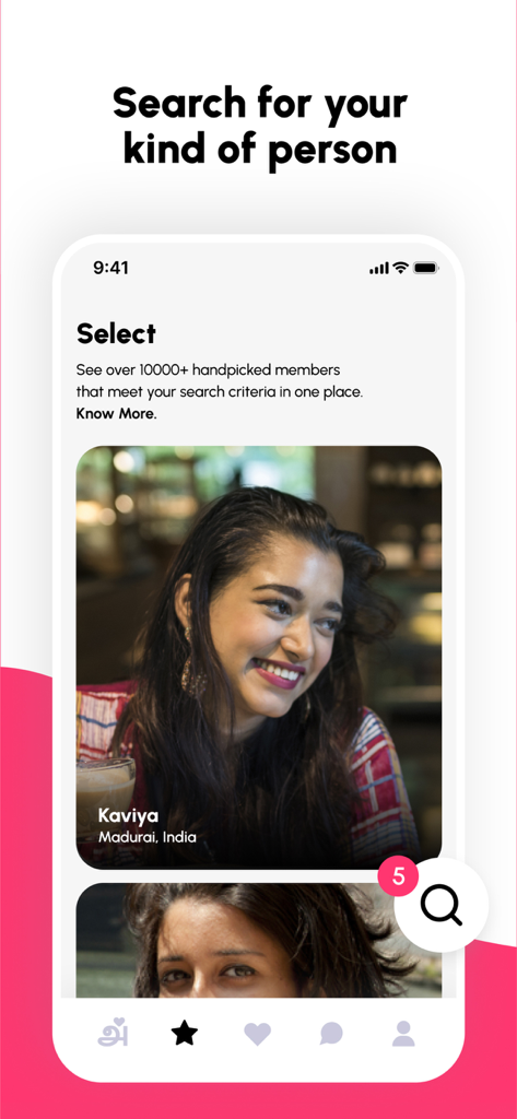 Anbe - Date The Tamil Way - Screenshot of Anbe dating app showing the Select feature with profiles of Tamil members