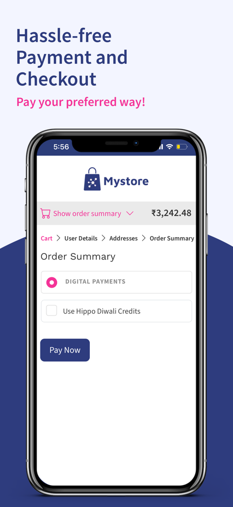 Mystore app screen showing hassle-free payment and checkout options for ONDC sellers