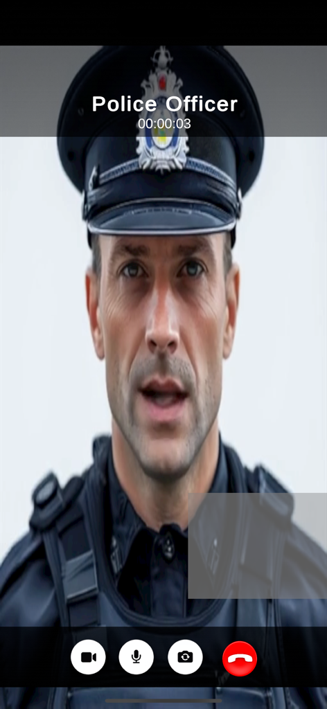 Fake Police Video Call - A simulated video call interface showing a police officer in uniform for pranks or safety deterrence