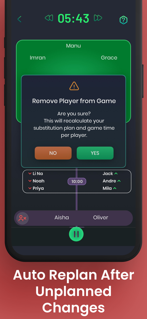 SubNow: Player Rotation Timer - Interface showing automatic player rotation recalculation after a lineup change