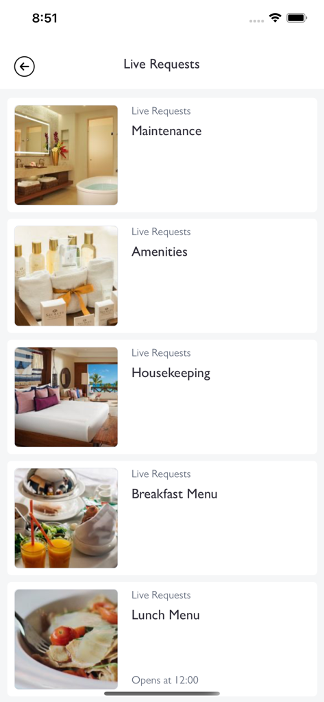 Hyatt Inclusive Collection - Interface de l'application Hyatt Inclusive Collection montrant les options pour les demandes en direct telles que la maintenance, les commodités, le service de chambre et les menus