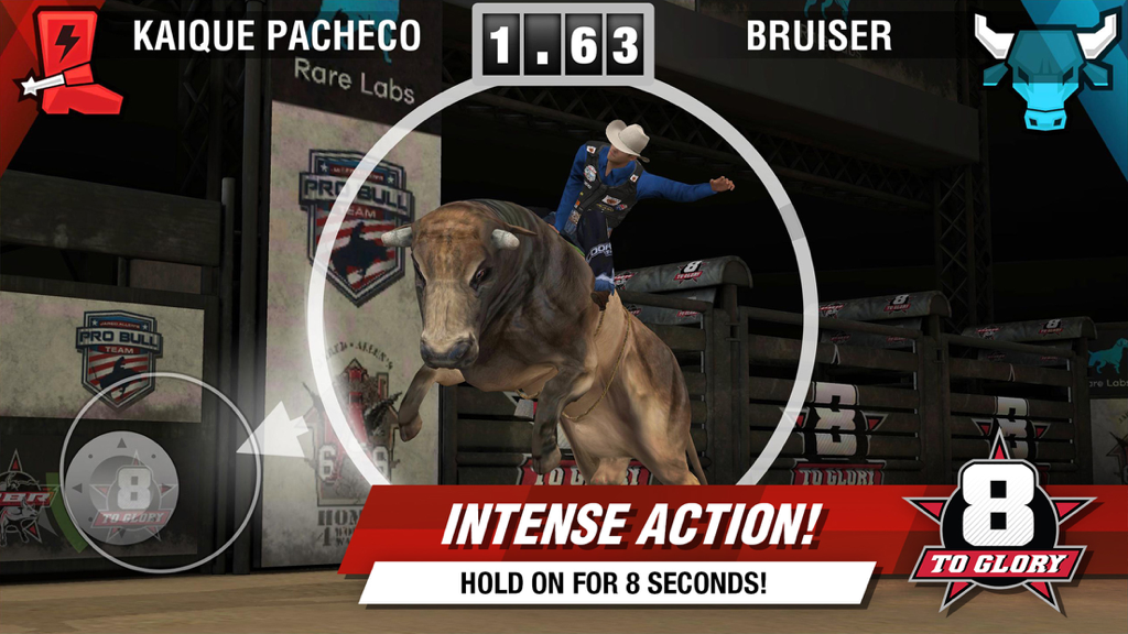 Kaique Pacheco montando al toro Bruiser en el juego móvil PBR 8 to Glory