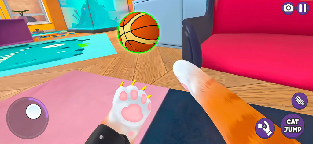 My Amazing Virtual Cat Life 3D - First person view of a cat paw reaching for a basketball in a colorful 3D living room