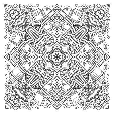 Dive into a world where intricate mandalas meet the excitement of returning to school. This unique coloring page blends complex patterns with beloved back-to-school symbols like books and apples, perfect for creative relaxation.