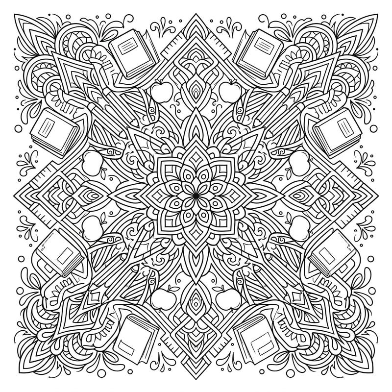 Dive into a world where intricate mandalas meet the excitement of returning to school. This unique coloring page blends complex patterns with beloved back-to-school symbols like books and apples, perfect for creative relaxation.