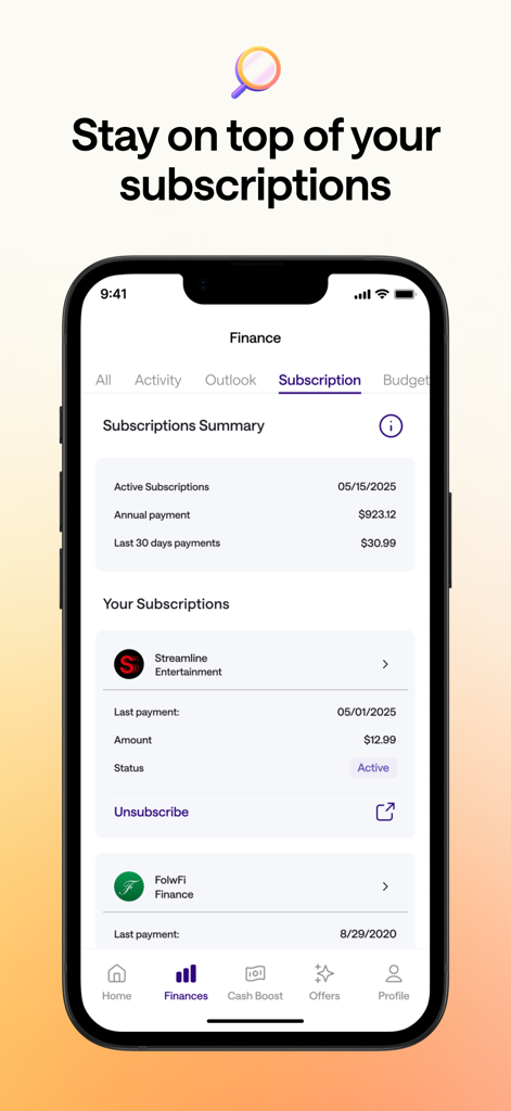Credit Genie mobile app interface showing a subscription tracking dashboard with monthly and annual payment summaries