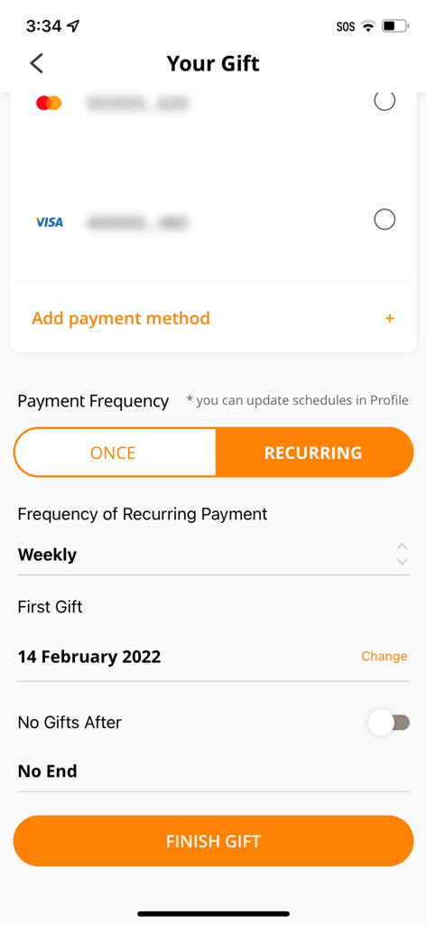 Setup screen for recurring tithes and offerings in the eGiving mobile app
