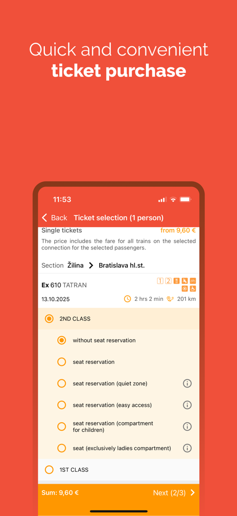 IDeme vlakom - IDeme vlakom app ticket selection screen showing 2nd class seat reservation options for a train from Zilina to Bratislava