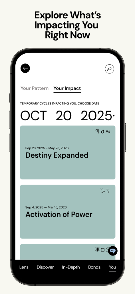 The Pattern app interface showing the Your Impact section with personalized life cycles and timing.