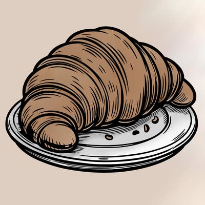 an outline of a croissant on a plate, white background, clean outline,  no shadow clear and well defined, sketch style.