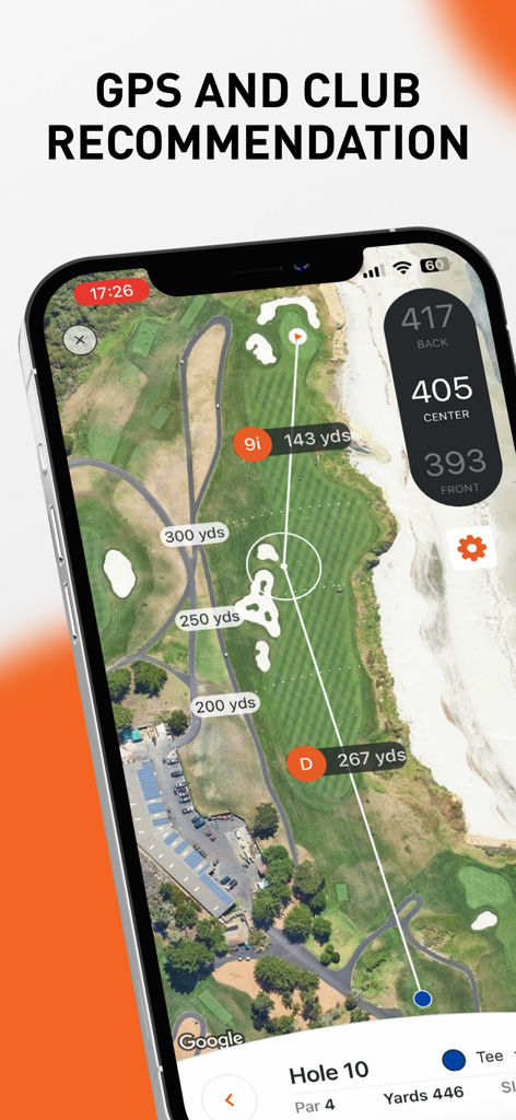 VPAR Golf GPS & Scorecard - VPAR Golf app screenshot showing satellite GPS map with yardage distances and club recommendations for Hole 10