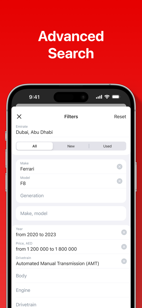 AUTO.AE: Buy & Sell Cars - Screenshot of the advanced search interface in the AUTO.AE app showing car filters for make model and price