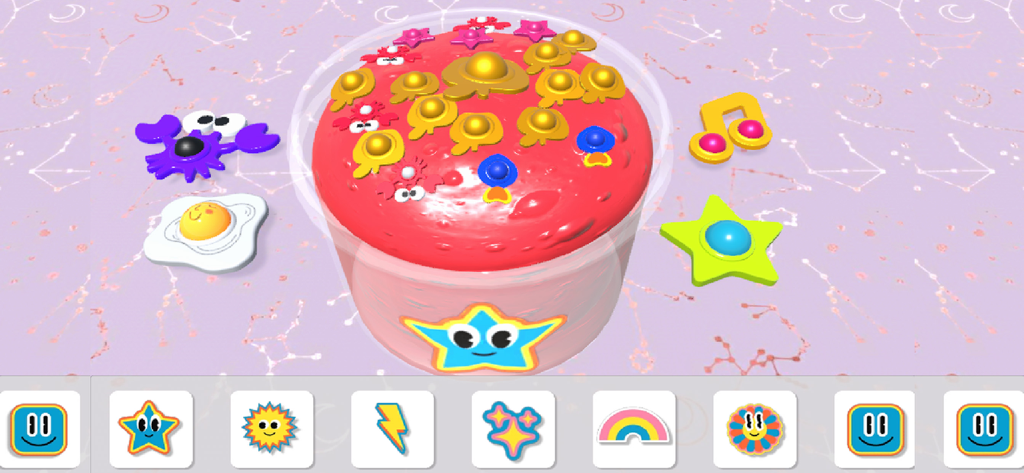 Fidget Slime Kit! Sensory Play - A digital red slime in a container decorated with various colorful fidget toy charms and a selection of stickers on a constellation background