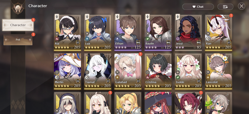 Lost Sword - Lost Sword character collection menu showing a grid of various anime heroes with levels and star ratings