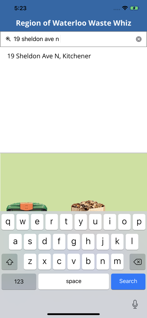 Interface de recherche d'adresse dans l'application Region of Waterloo Waste Whiz montrant un emplacement de Kitchener et un clavier mobile.