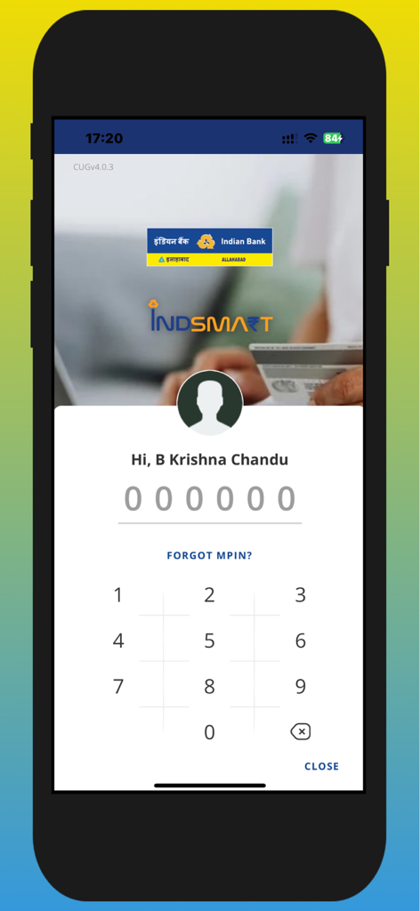 IndSMART IndianBank Mobile App - Schermata di accesso dell'app mobile IndSMART Indian Bank con tastierino numerico per l'inserimento dell'MPIN