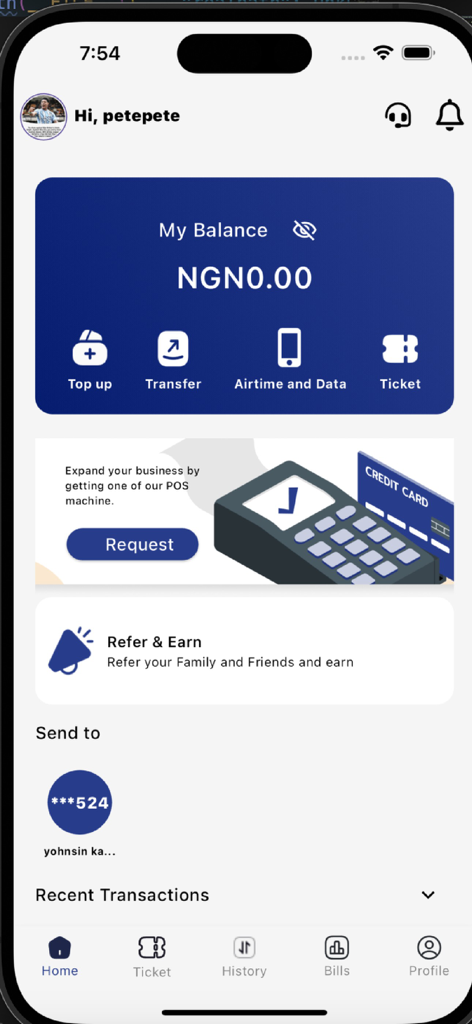 FastPay App - FastPay Fintech-App Startbildschirm mit Kontostand und Symbolen für Finanzdienstleistungen wie Aufladen und Überweisen
