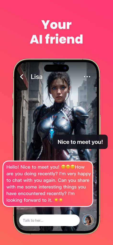 Mimico  - Ai friend chat - Tela de smartphone mostrando a interface de chat do aplicativo Mimico com uma personagem de IA de ficção científica chamada Lisa.
