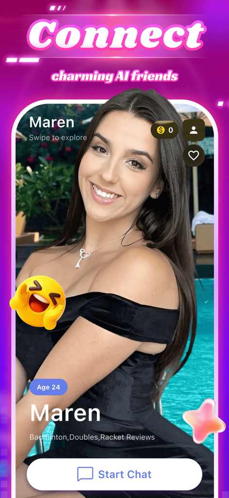 Mobile app interface of Mafun showing an AI companion named Maren with a profile description and a start chat button.