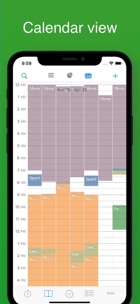aTimeLogger Time Tracker - Una captura de pantalla de la aplicación aTimeLogger que muestra la vista de calendario con diferentes actividades como sueño y deportes rastreadas durante el día