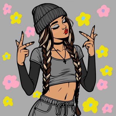 realistic teenage girl with braids and a beanie and crop top doing 🫶🏼