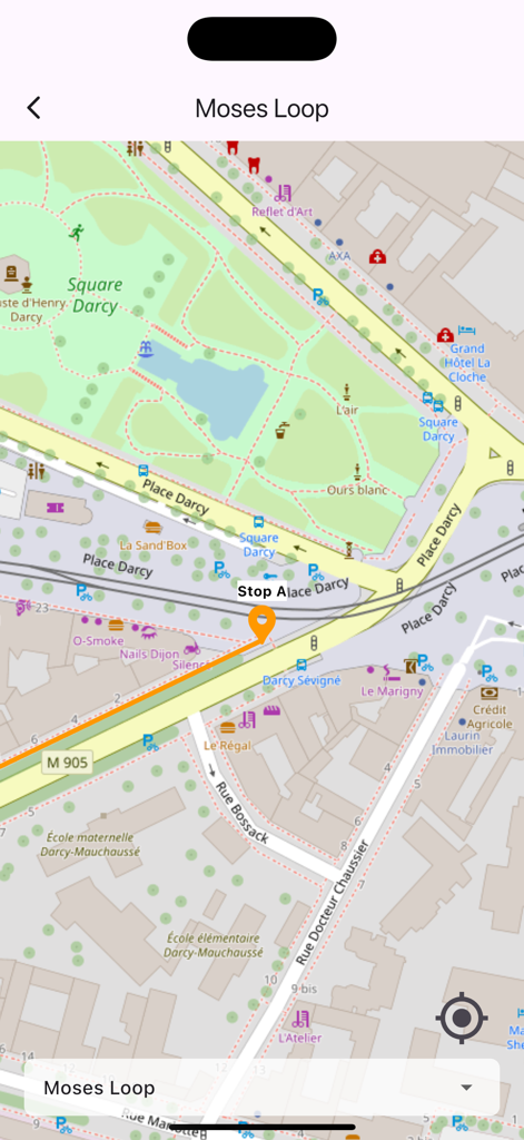 Dijon: The Owl's Trail - Map interface showing the Moses Loop walking tour route in the Dijon Owl's Trail app