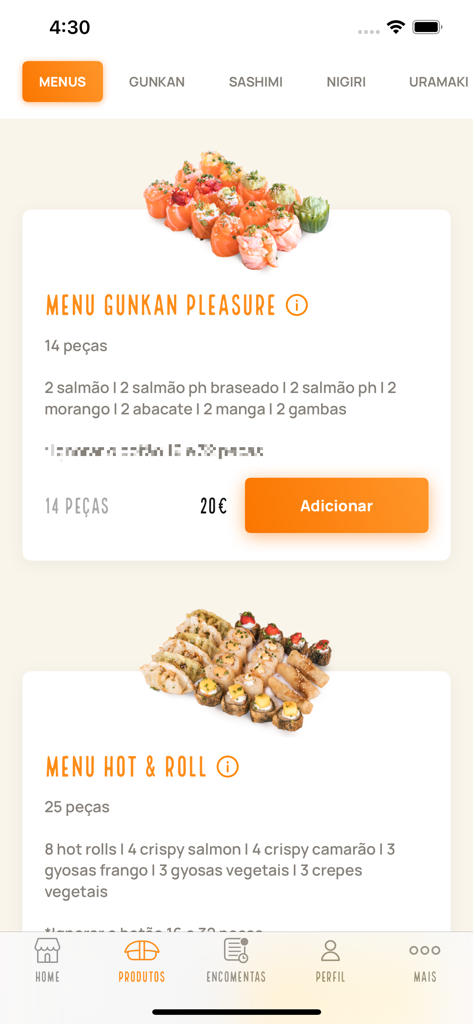 Uma interface de app móvel exibindo diferentes opções de menu de sushi como Gunkan Pleasure e Hot and Roll