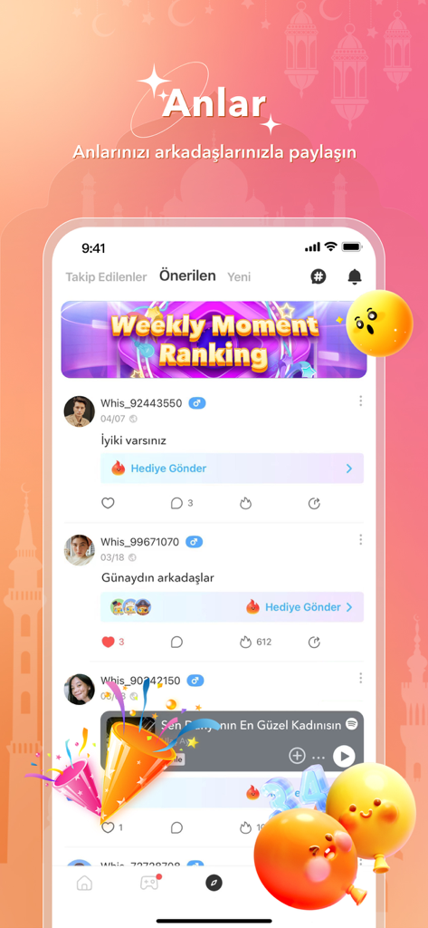 Interfaz de la aplicación Witok que muestra el feed de momentos donde los usuarios comparten publicaciones y envían regalos virtuales