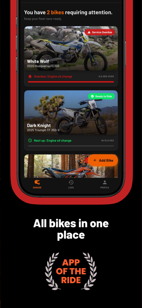 DirtTime app garage interface showing dirt bike maintenance status and service reminders for multiple motorcycles