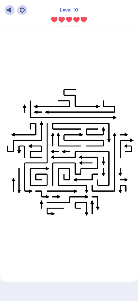 Capture d'écran de gameplay minimaliste de Arrows Puzzle Escape montrant une grille complexe de flèches noires emmêlées sur un fond blanc au niveau 10.