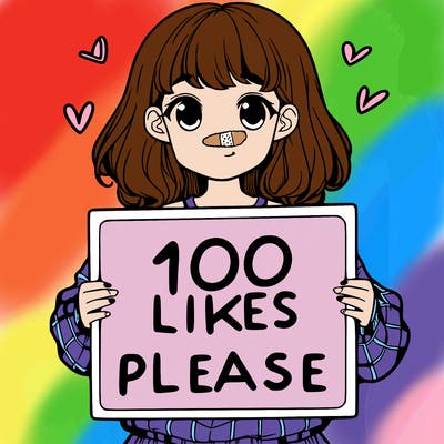 a girl holding a sign saying 100 likes please