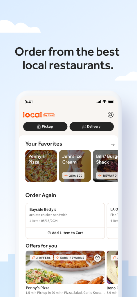 A tela inicial do aplicativo Local by Toast, com opções de retirada e entrega de restaurantes locais.
