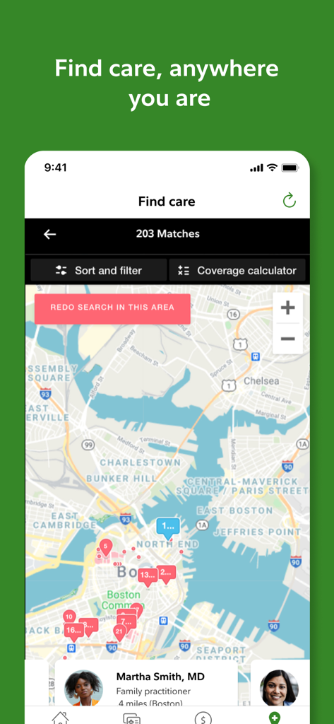 Fidelity Health® - 地元の医療提供者のピンと施術者プロファイルカードを表示するFidelity Healthアプリの画面