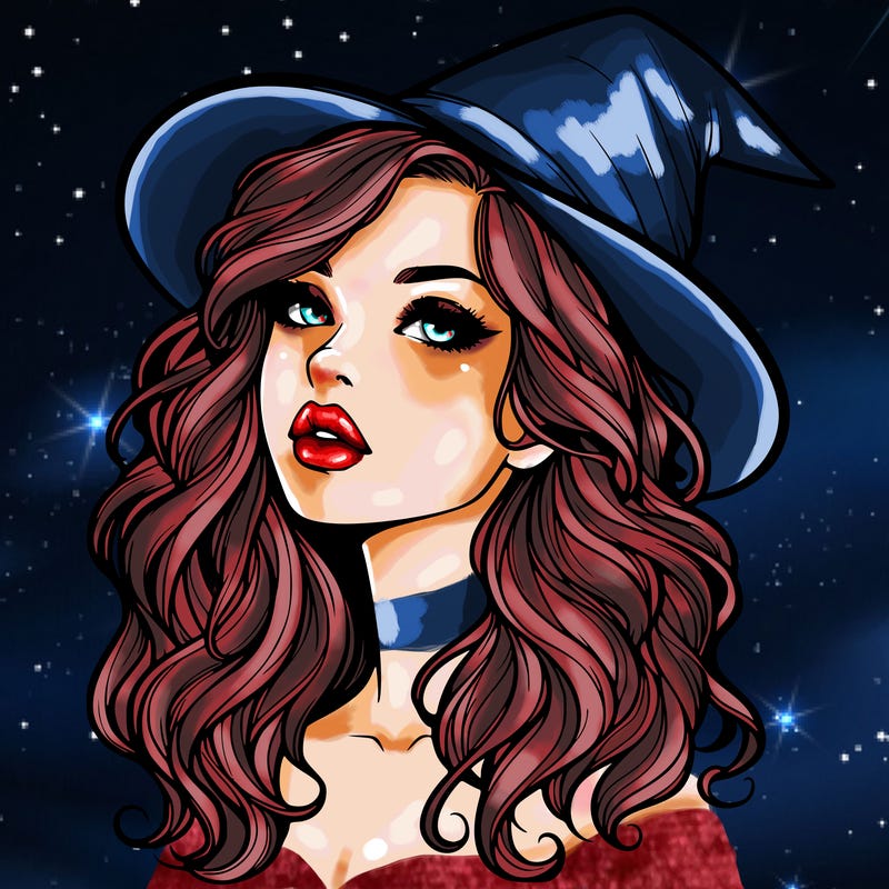 realistic witch girl with wavy hair and lips