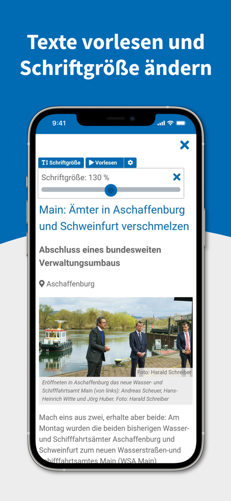 Screenshot of the Main-Echo E-PAPER app showing font size controls and a text-to-speech feature for local news articles.