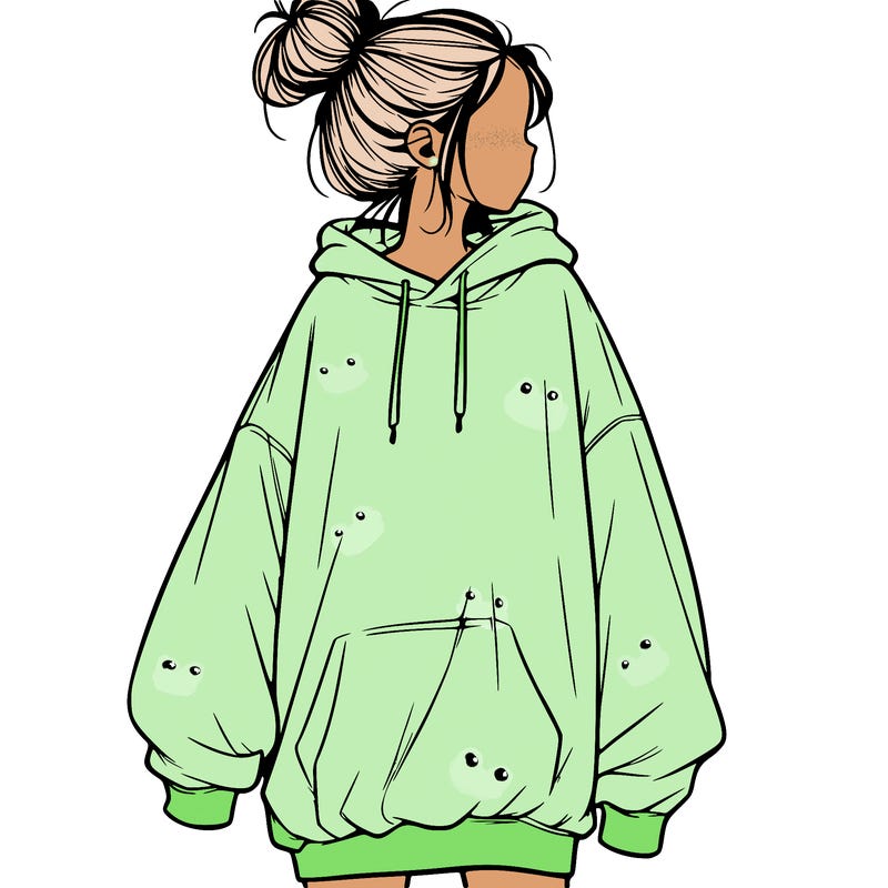 realistic girl with a oversized sweatshirt on and a bun